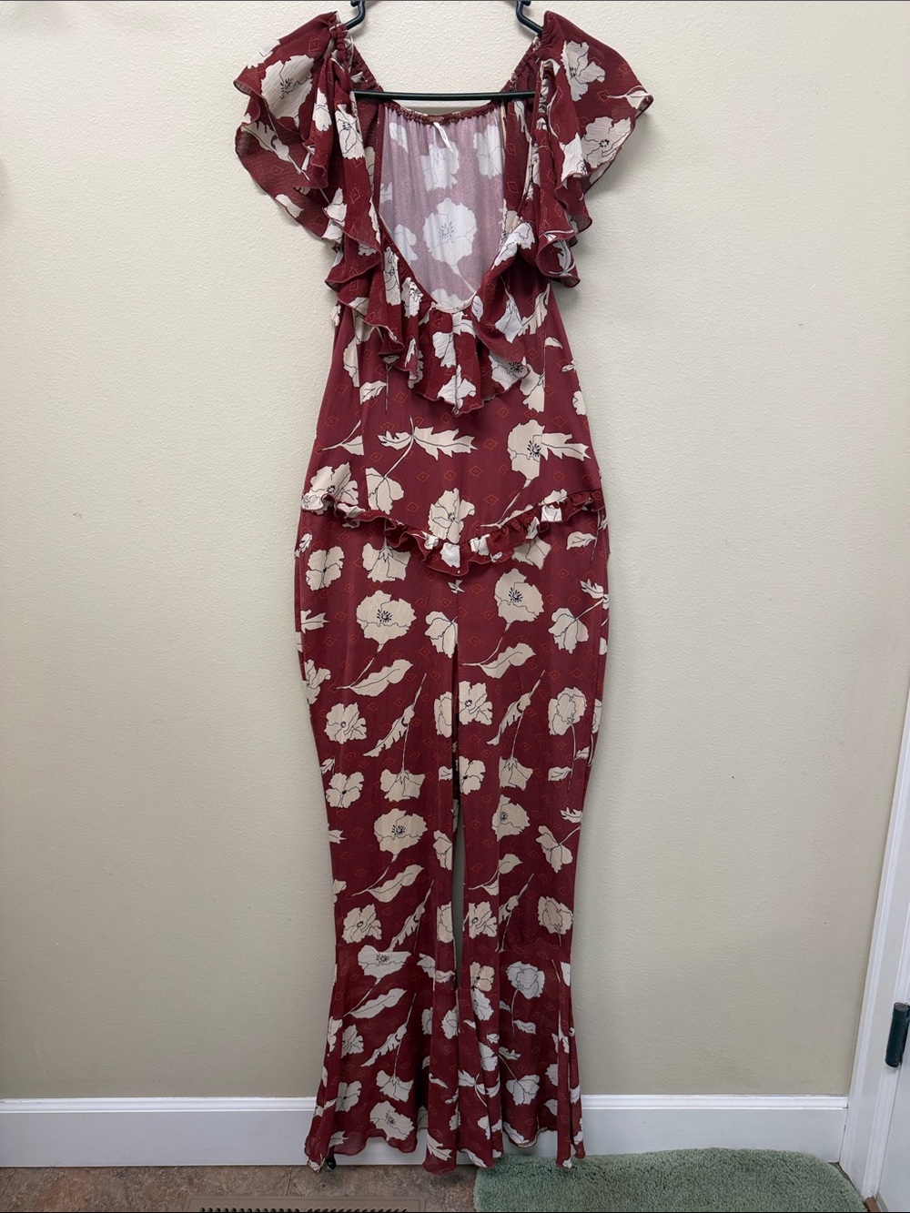 Free People Burgundy Floral Ruffle Jumpsuit